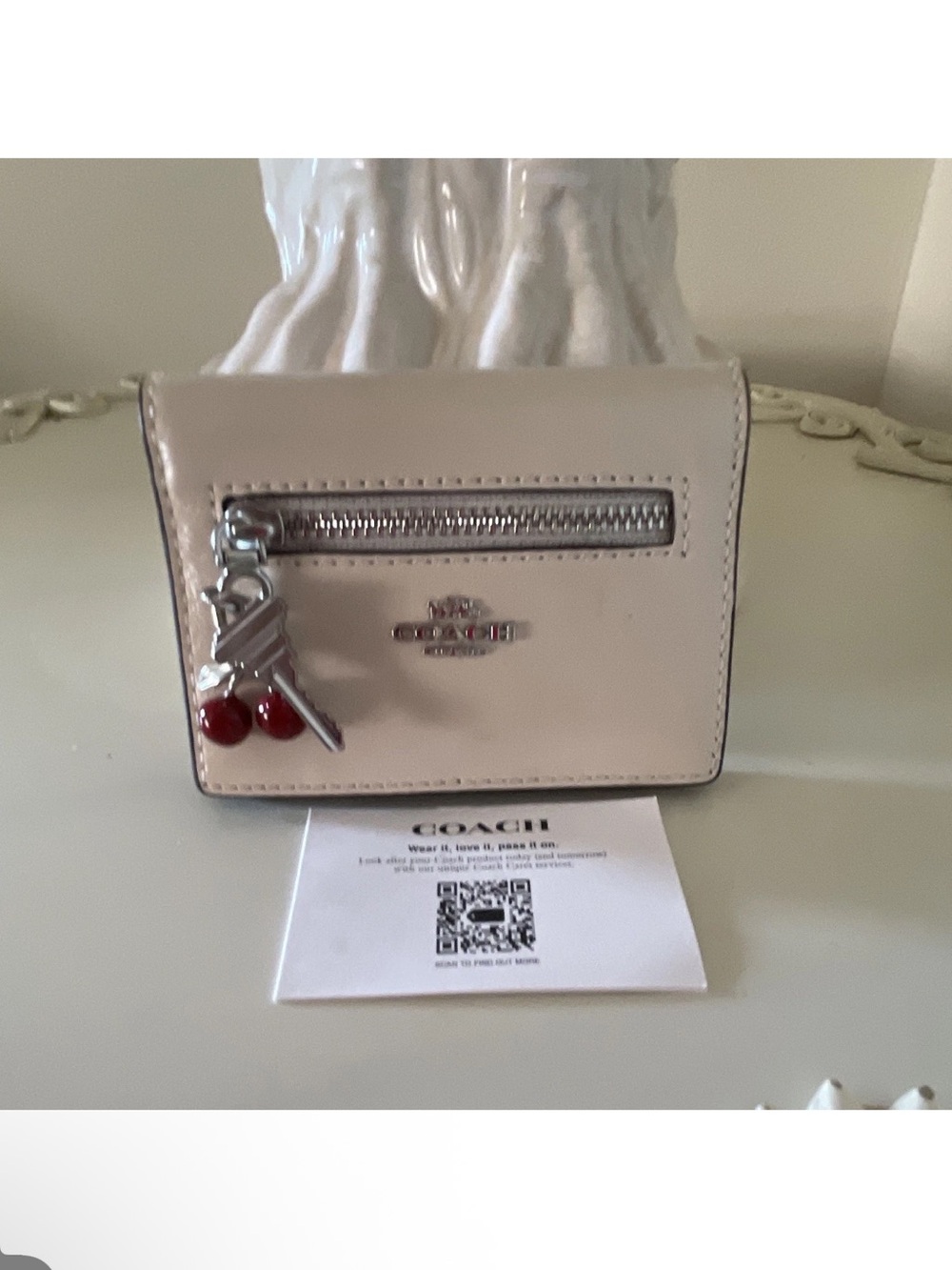 Coach Cream Leather Card Holder with Red Cherry Charm